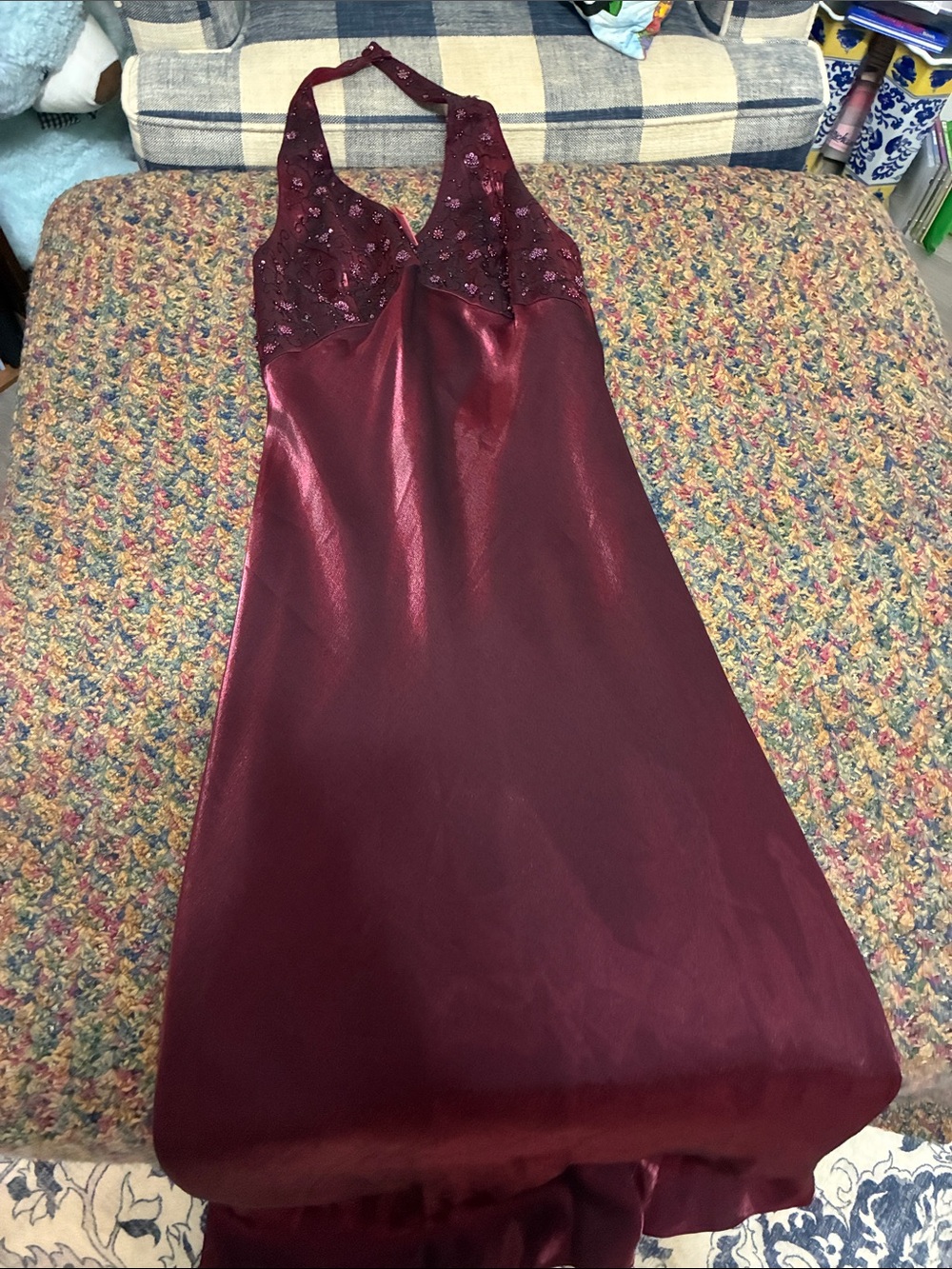 Halter Burgundy Prom Dress with Beaded Bodice